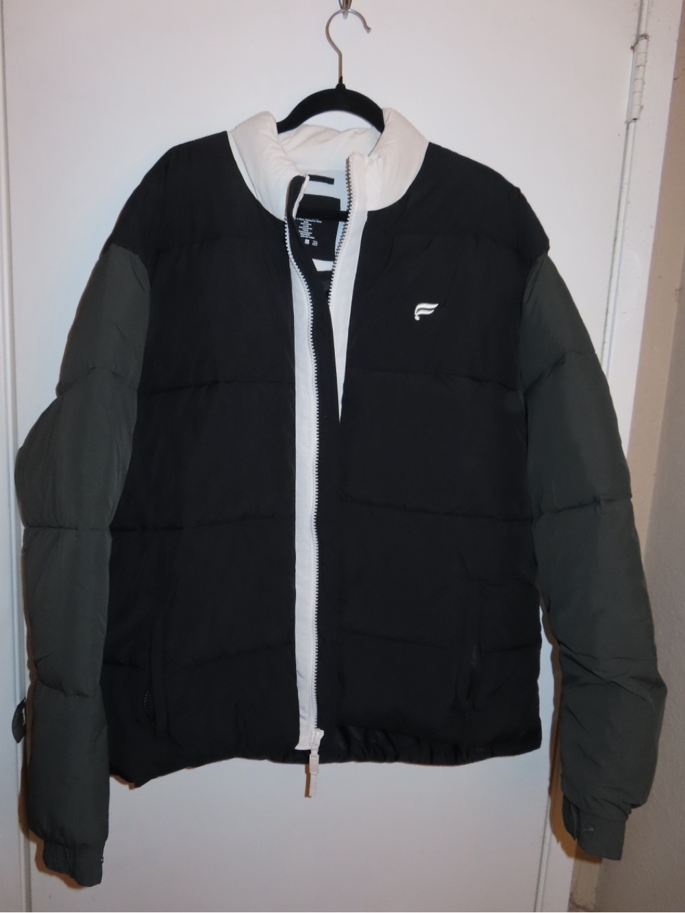 Fabletics Black Puffer Jacket with Gray Sleeves and White Trim